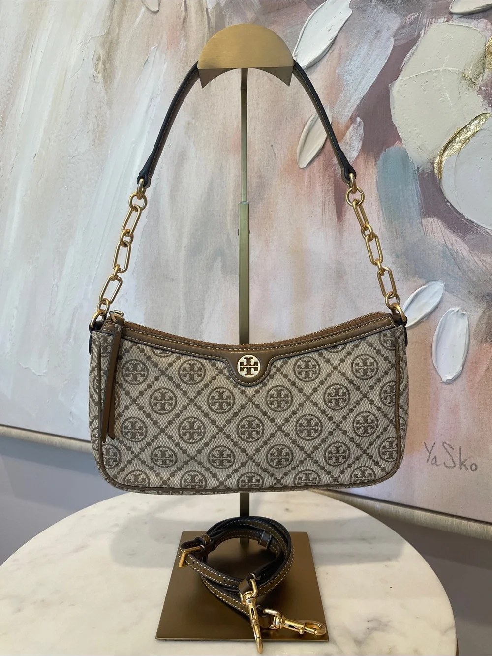 Tory Burch Beige Logo Jacquard Shoulder Bag with Gold Hardware Accent